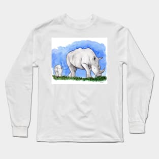 Rhinoceros with baby calf watercolor and ink illustration Long Sleeve T-Shirt